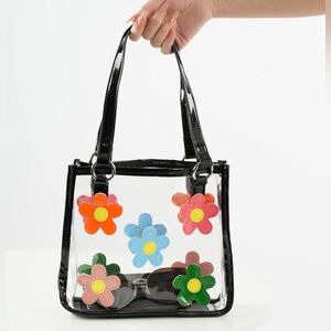 Fun 60s Style Floral Transparent Clear Tote Bag with Black Trim